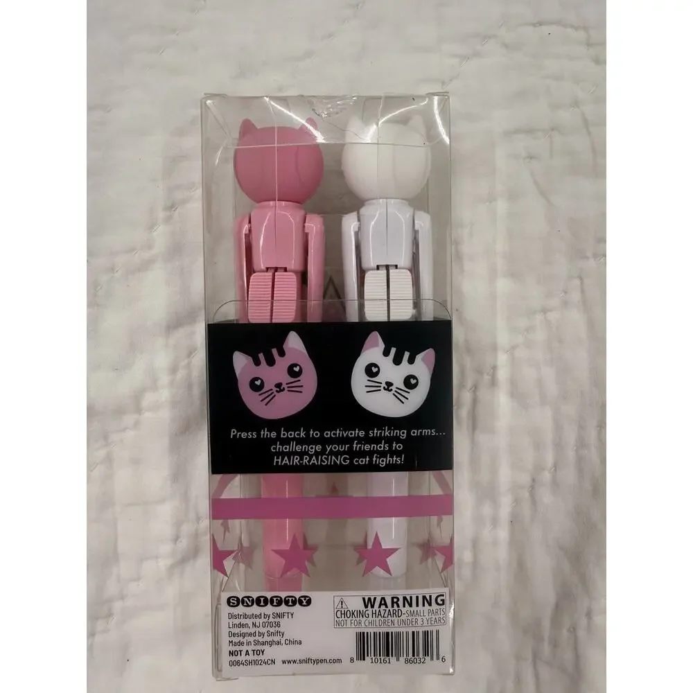SNIFFY Cat Fight Action Pens Novelty Cat 2-Pack Pen Set, Pink/White Stars